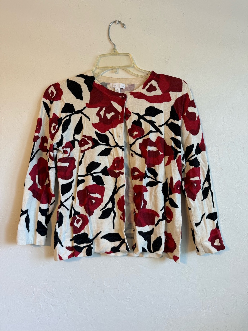 Charter Club Red, Black & Ivory Floral Button Cardigan